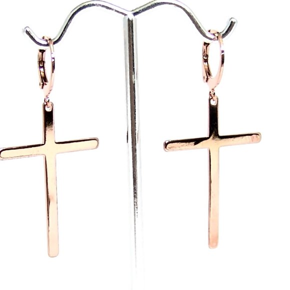 Rose Gold PVD Leverback Earrings Cross Dangle Surgical Steel Hypoallergenic - Picture 2 of 3
